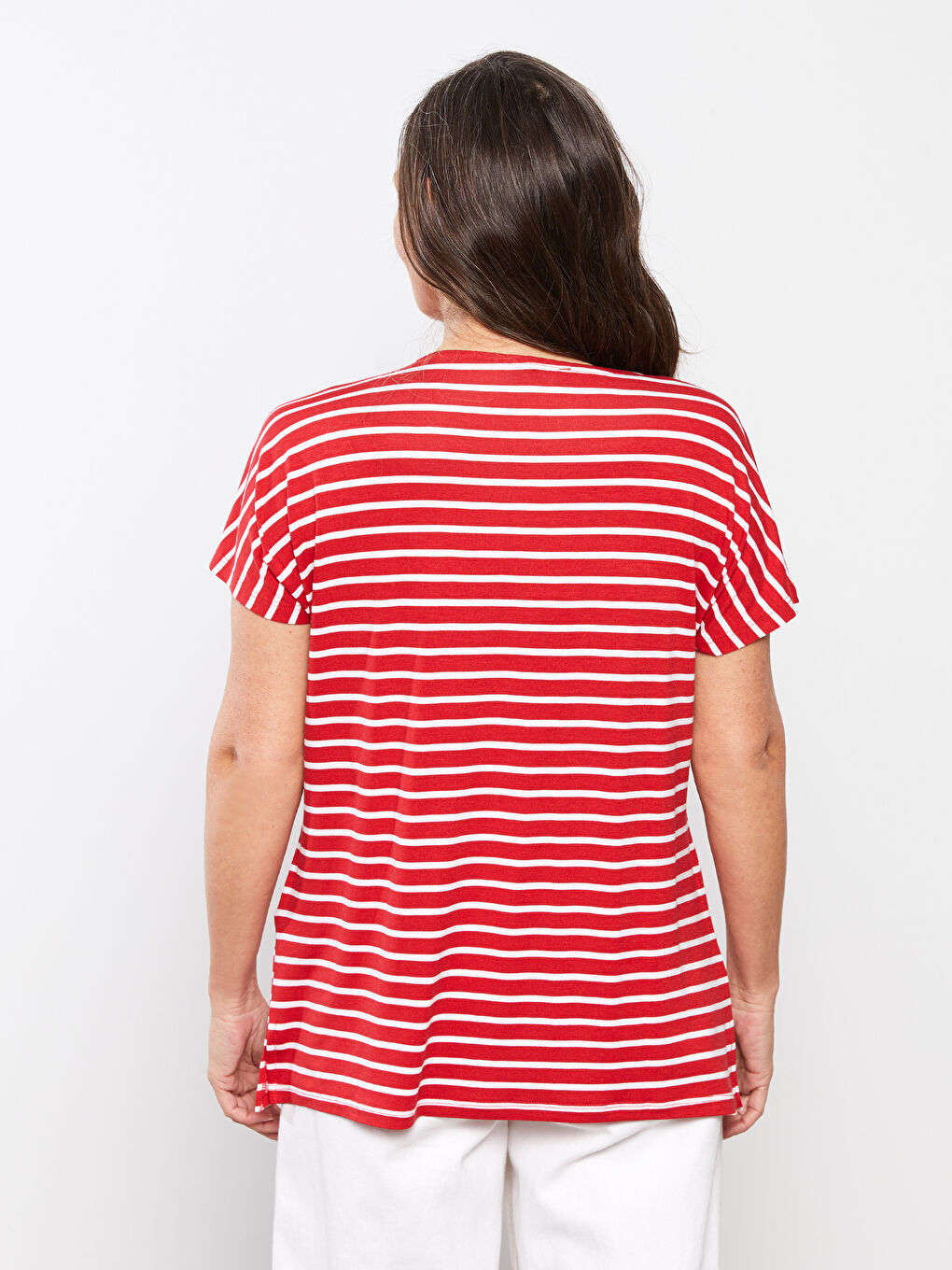 Kırmızı Bisiklet Yaka Çizgili Kısa Kollu Krep Kadın Tişört-4
