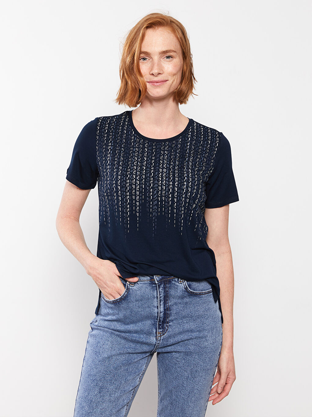 Crew Neck Patterned Short Sleeve Women's T-Shirt-1