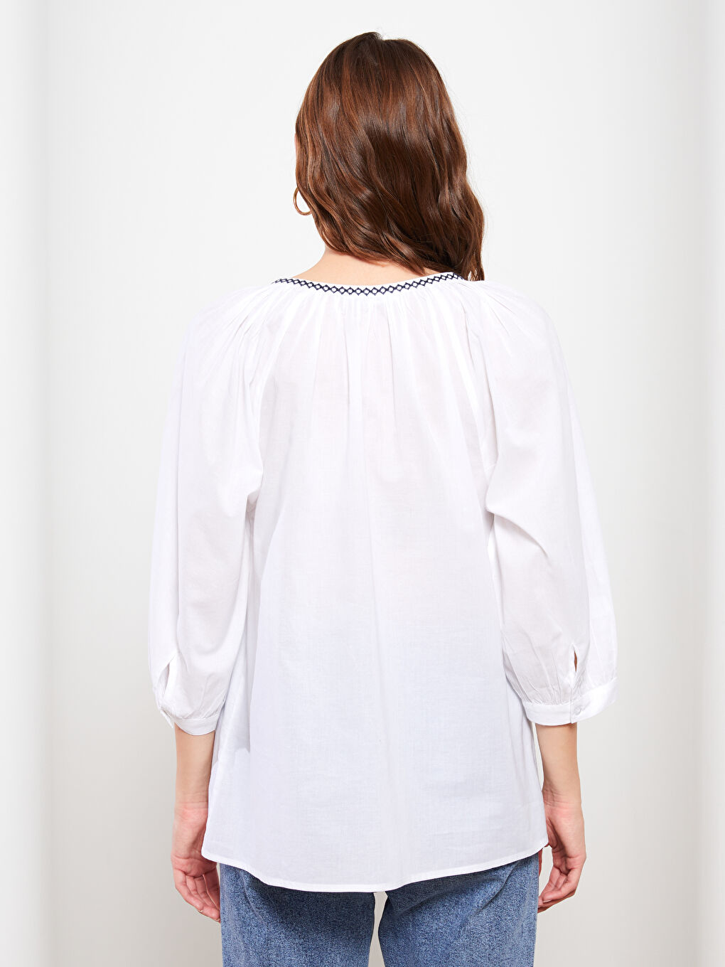 Tie Collar Embroidered Cotton Women's Blouse -S2FU09Z8-RVK