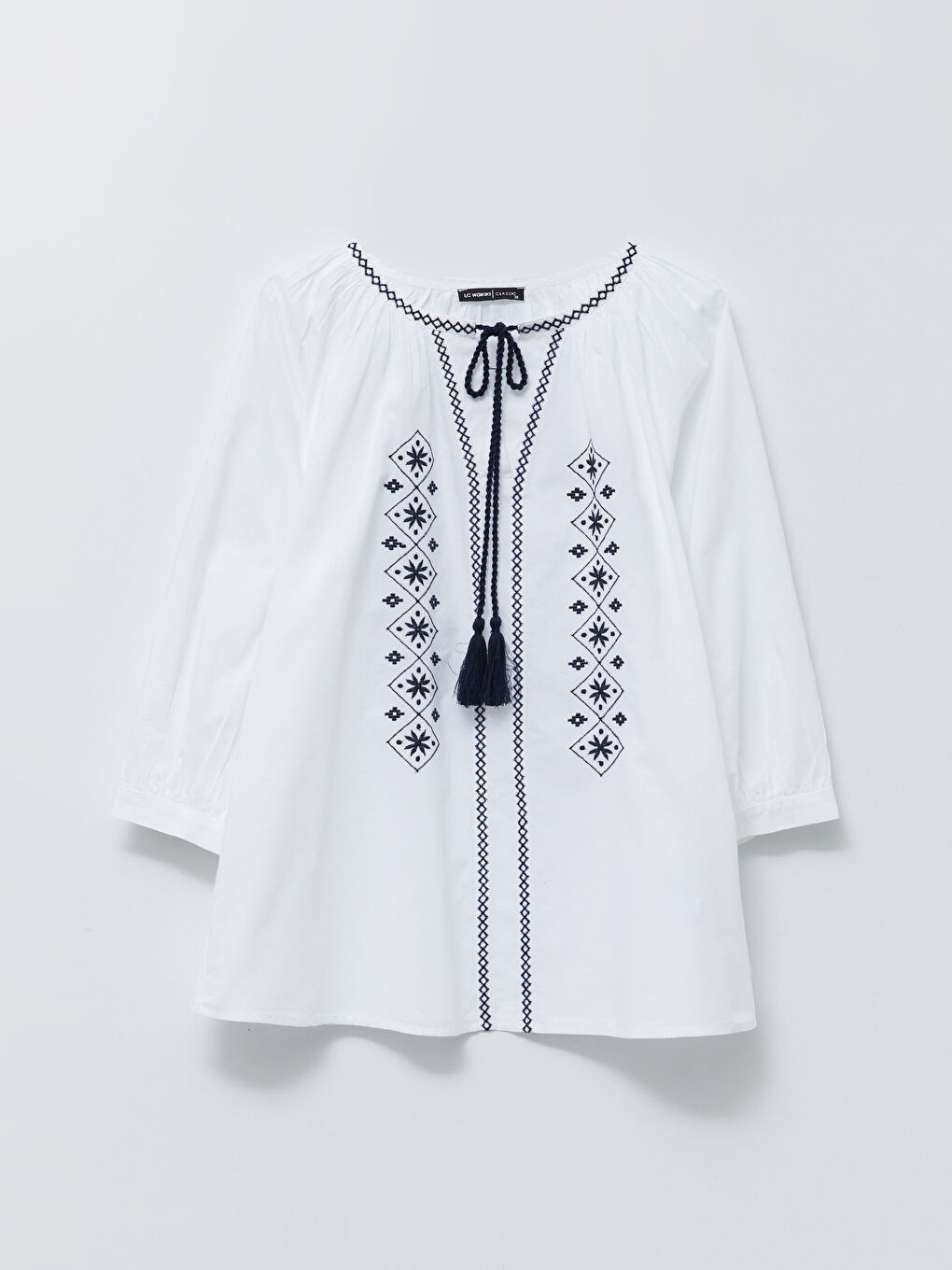 Tie Collar Embroidered Cotton Women's Blouse -S2FU09Z8-RVK