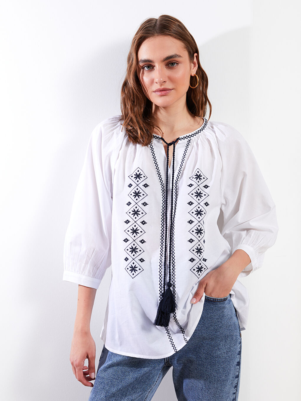 Tie Collar Embroidered Cotton Women's Blouse -S2FU09Z8-RVK