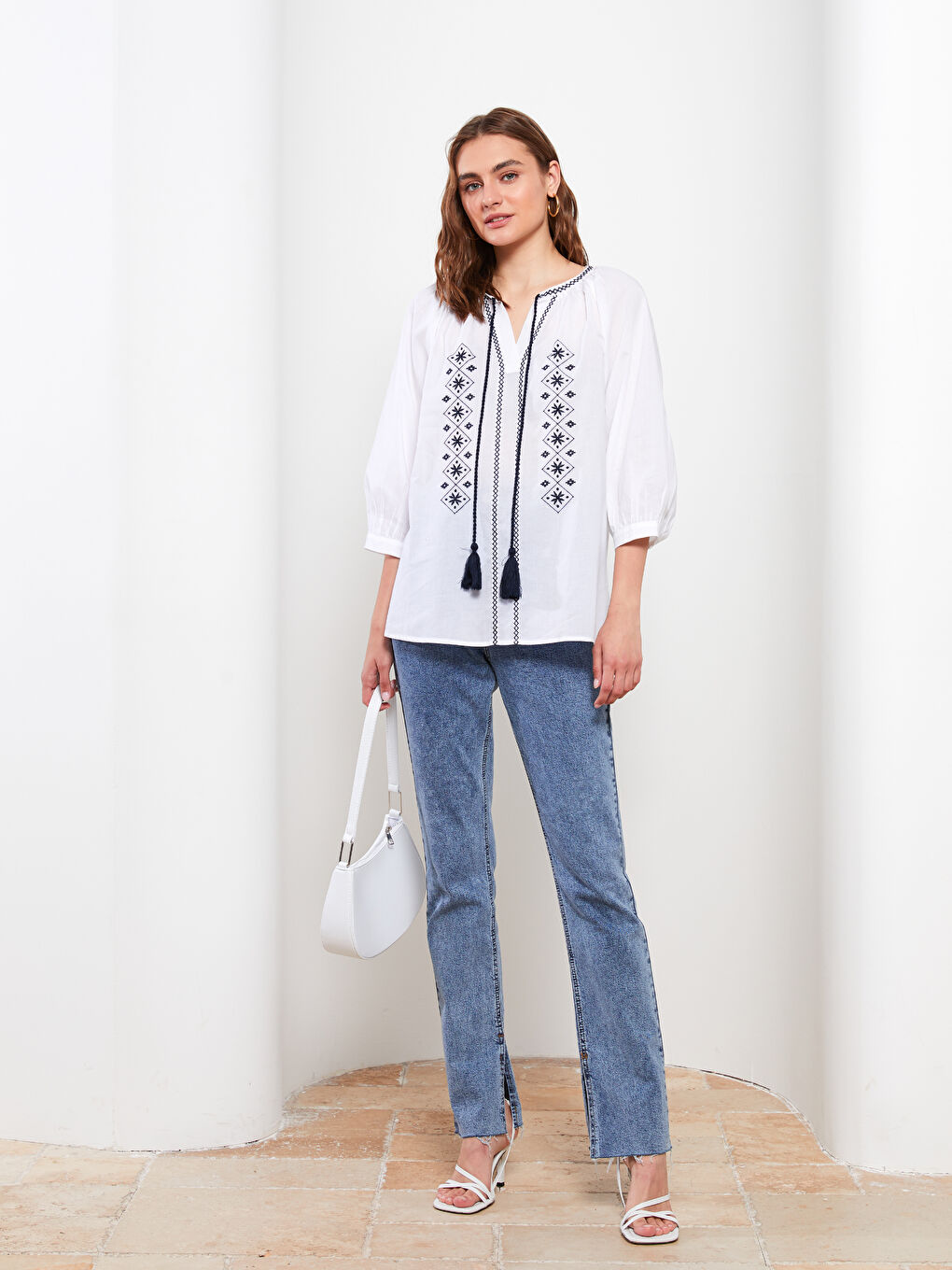 Tie Collar Embroidered Cotton Women's Blouse -S2FU09Z8-RVK