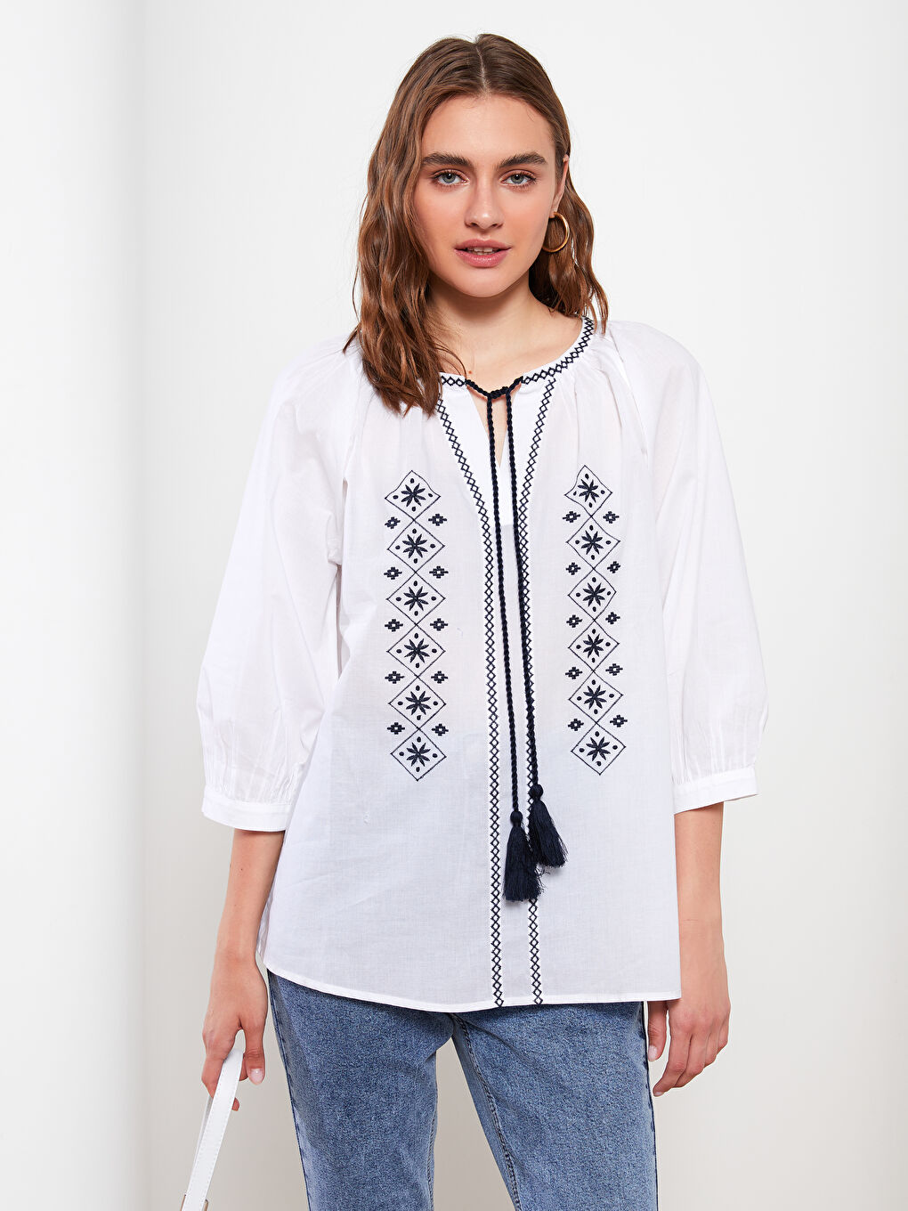 Tie Collar Embroidered Cotton Women's Blouse -S2FU09Z8-RVK