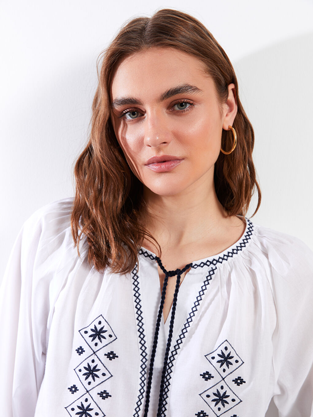Tie Collar Embroidered Cotton Women's Blouse -S2FU09Z8-RVK