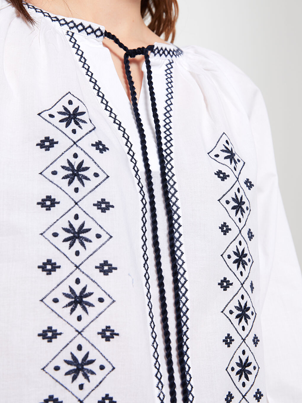 Tie Collar Embroidered Cotton Women's Blouse -S2FU09Z8-RVK
