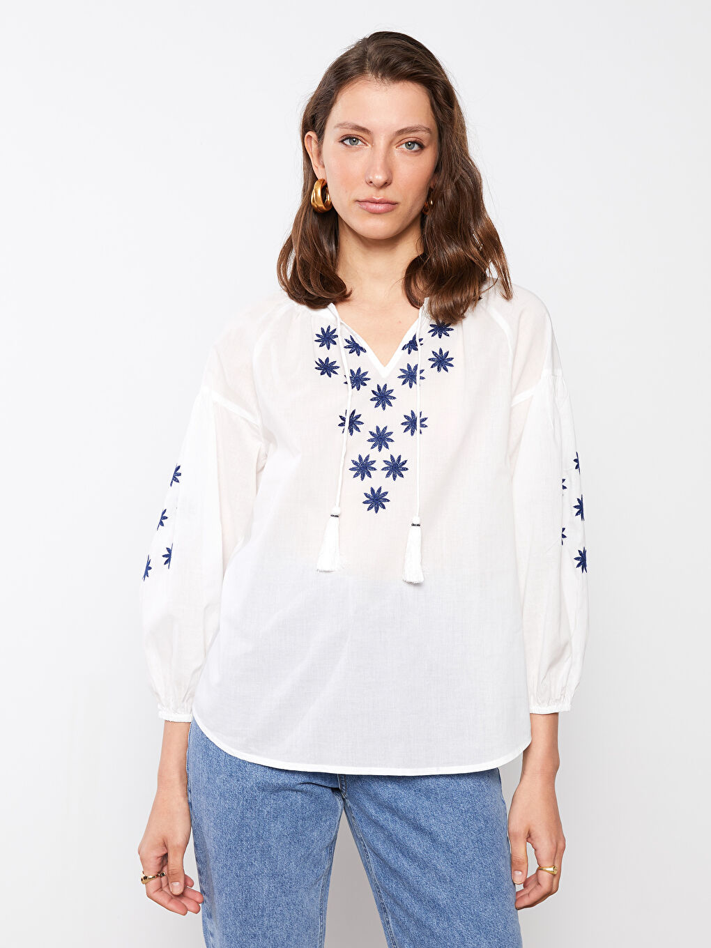 ჰალსტუხიანი საყელო მოქარგული პოპლინის ქსოვილი ქალებისთვის ბლუზი-1