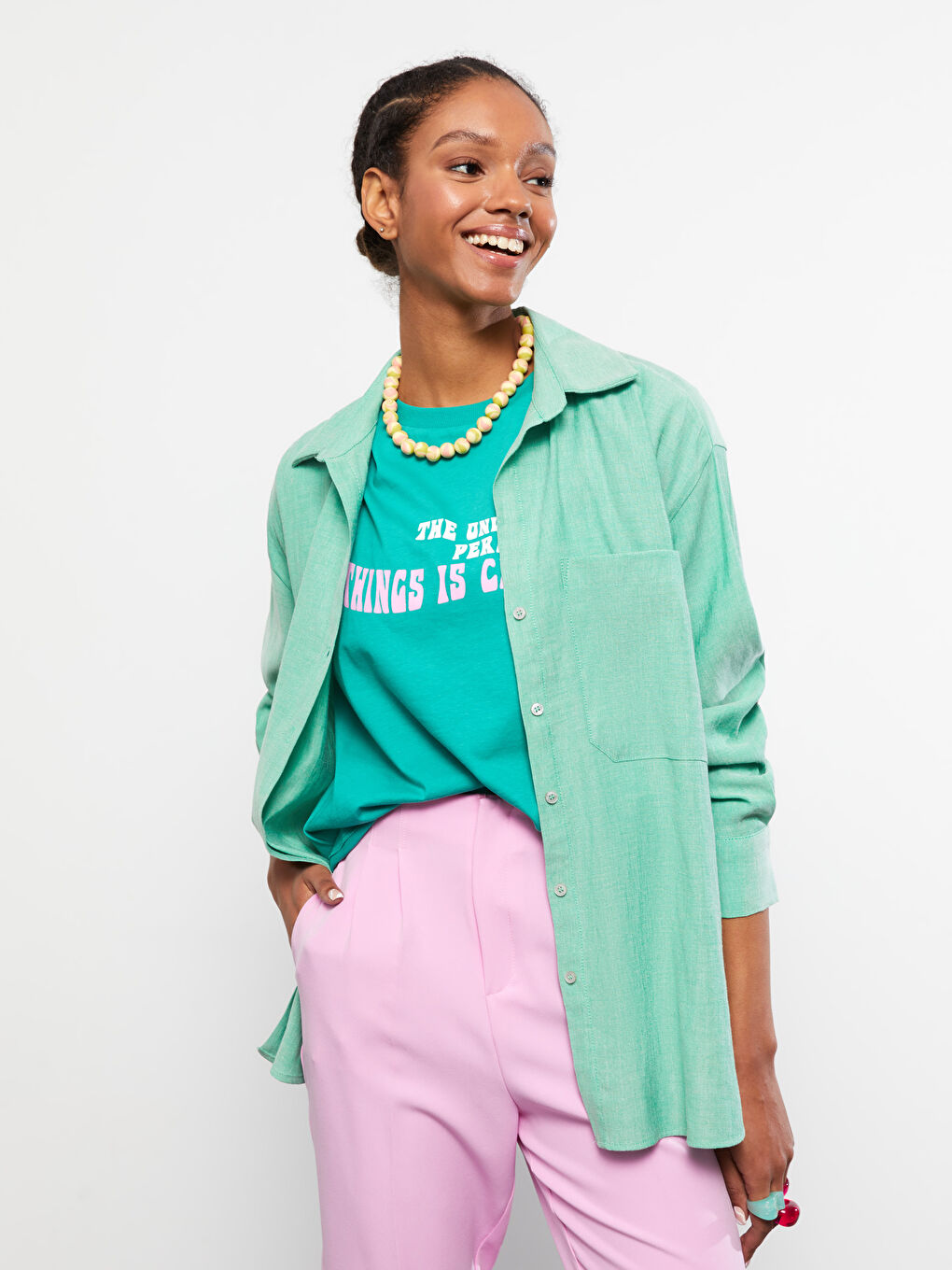 әйелдерге арналған ұзын жеңді түймелі стандартты пішімді жейде-2