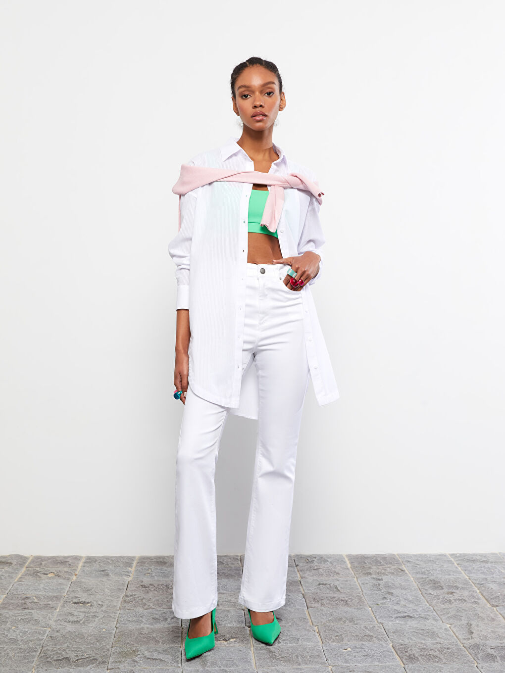 Beyaz Çizgili Uzun Kollu Poplin Kadın Gömlek Tunik