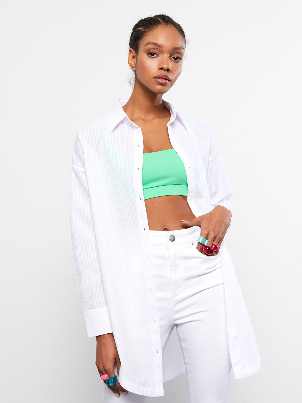 Beyaz Çizgili Uzun Kollu Poplin Kadın Gömlek Tunik-1