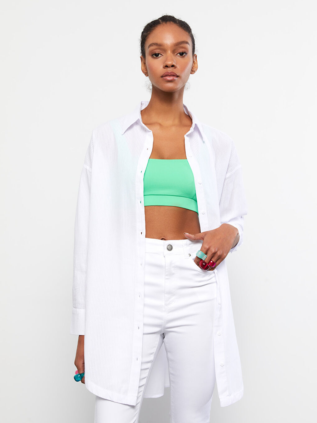 Beyaz Çizgili Uzun Kollu Poplin Kadın Gömlek Tunik-2