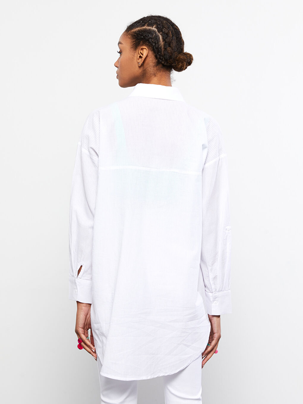 Beyaz Çizgili Uzun Kollu Poplin Kadın Gömlek Tunik-4