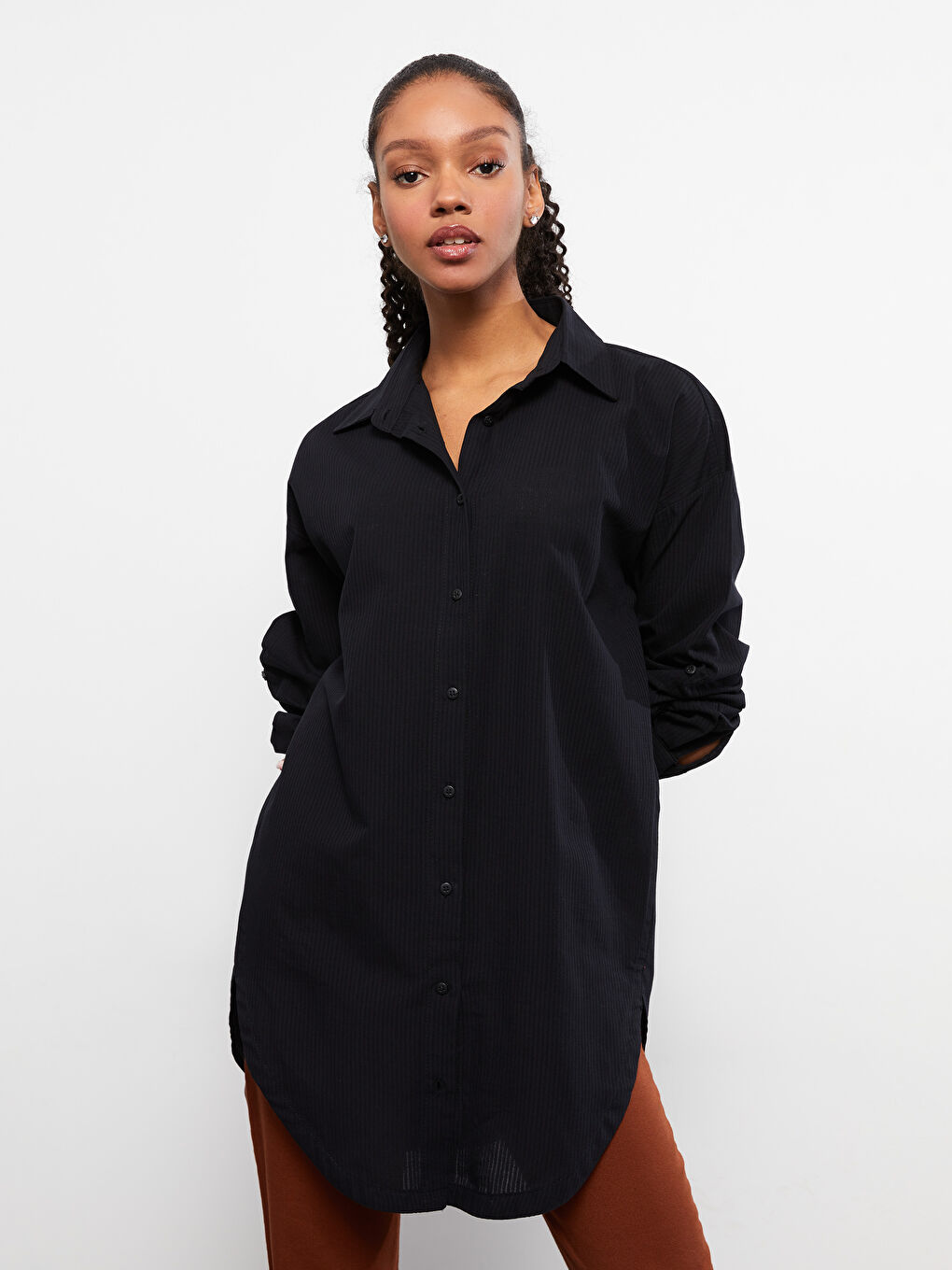 Siyah Çizgili Uzun Kollu Poplin Kadın Gömlek Tunik-2