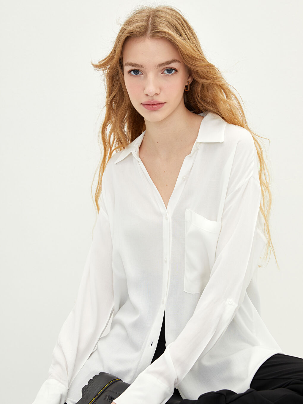 Front Button Closure Straight Long Sleeve Viscose Women's Shirt