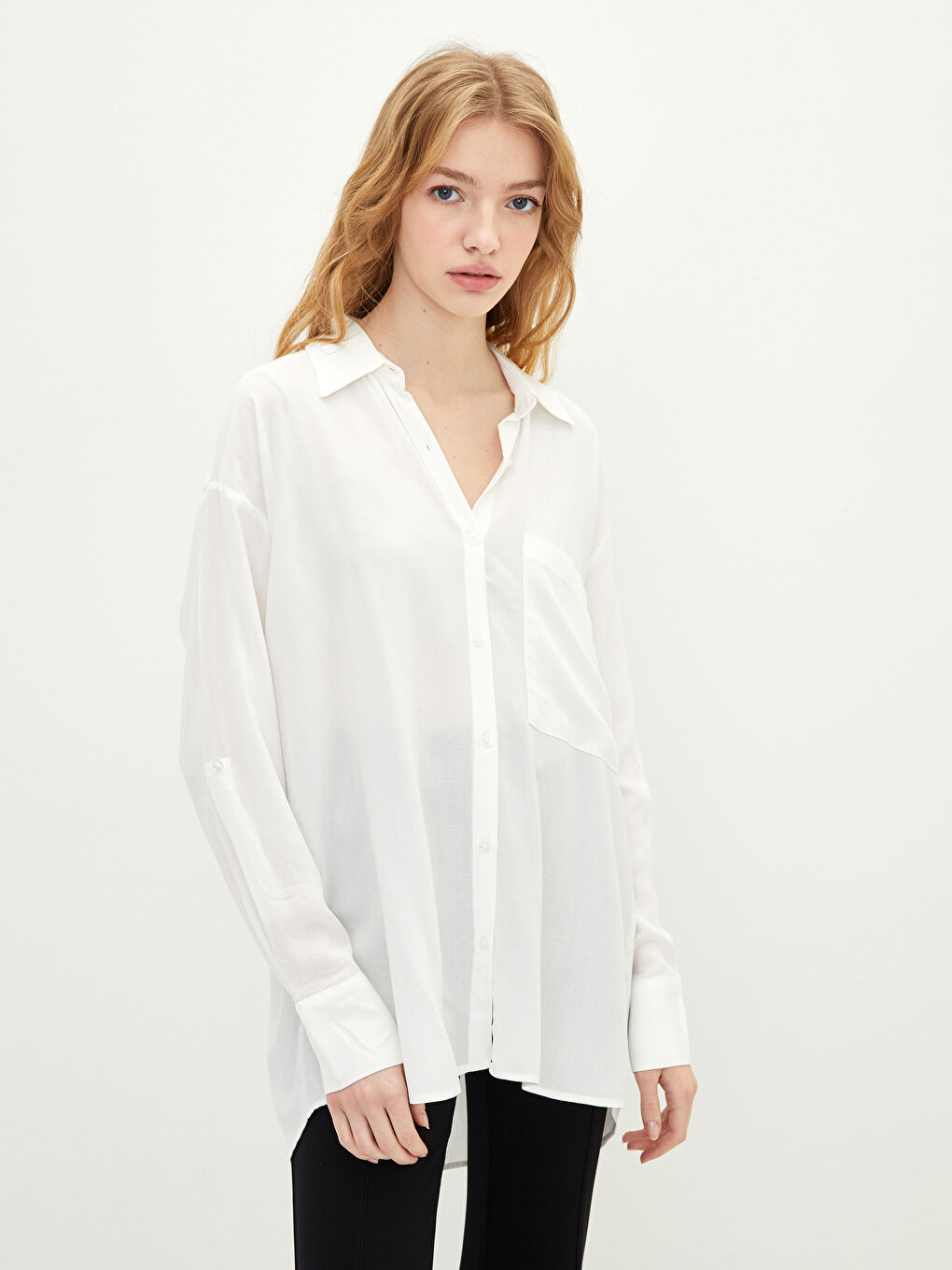 Front Button Closure Straight Long Sleeve Viscose Women's Shirt-1