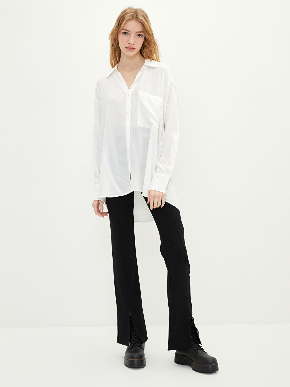 Front Button Closure Straight Long Sleeve Viscose Women's Shirt-2