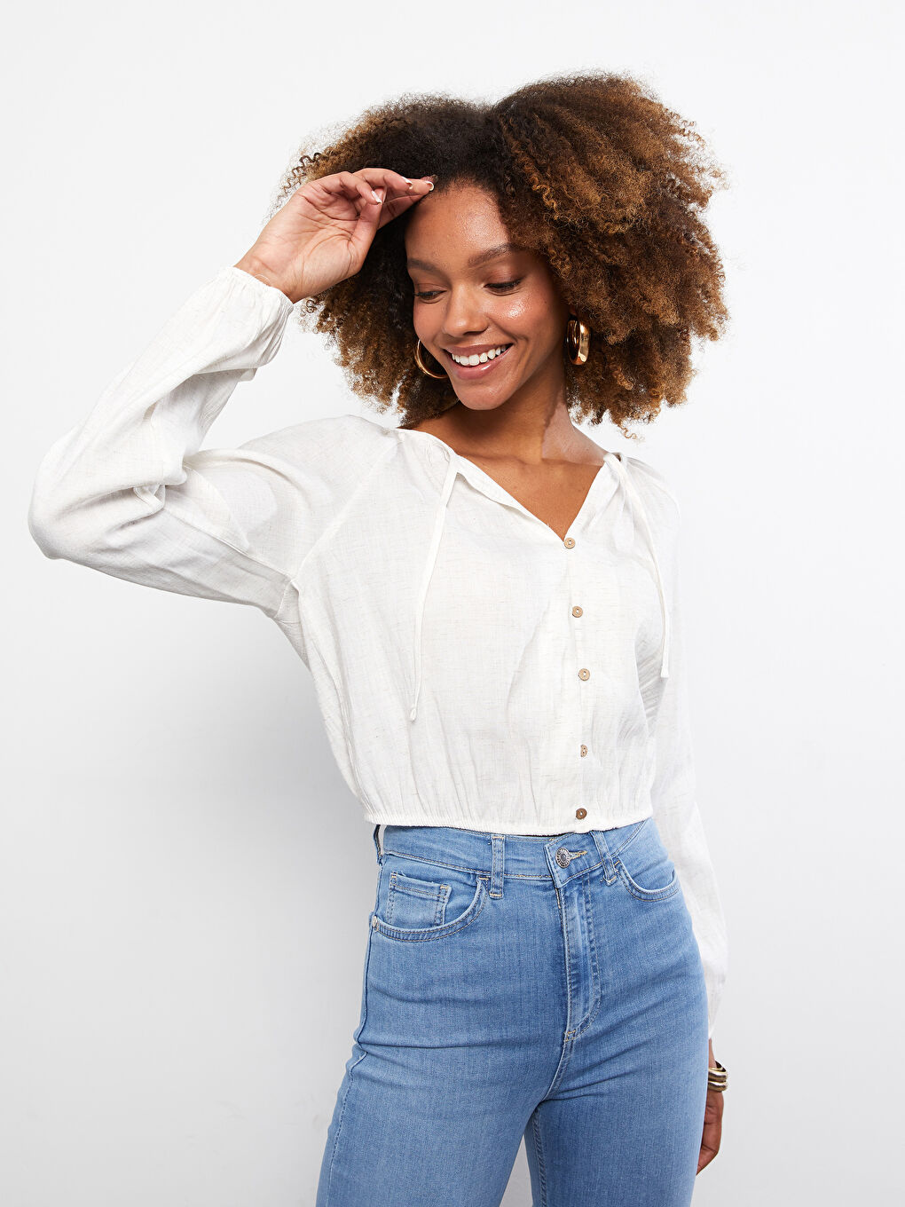 Blouse pour Femmes à Col Lavallière Uni à Manches Longues