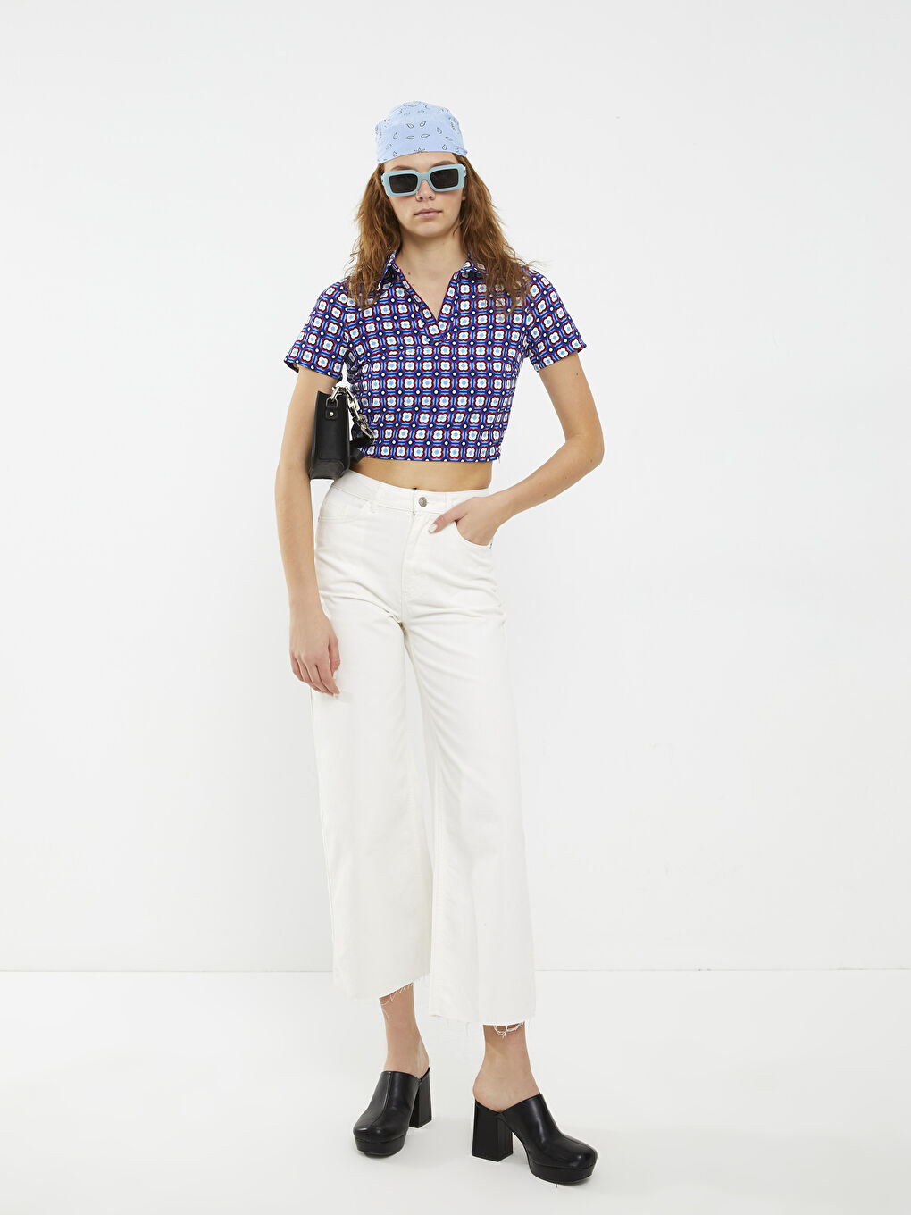 Polo Neck Patterned Short Sleeve Crop Crepe Women's Blouse -S2FU33Z8-LQQ