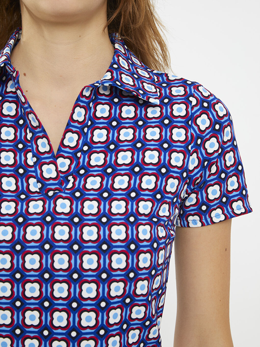 Polo Neck Patterned Short Sleeve Crop Crepe Women's Blouse -S2FU33Z8-LQQ