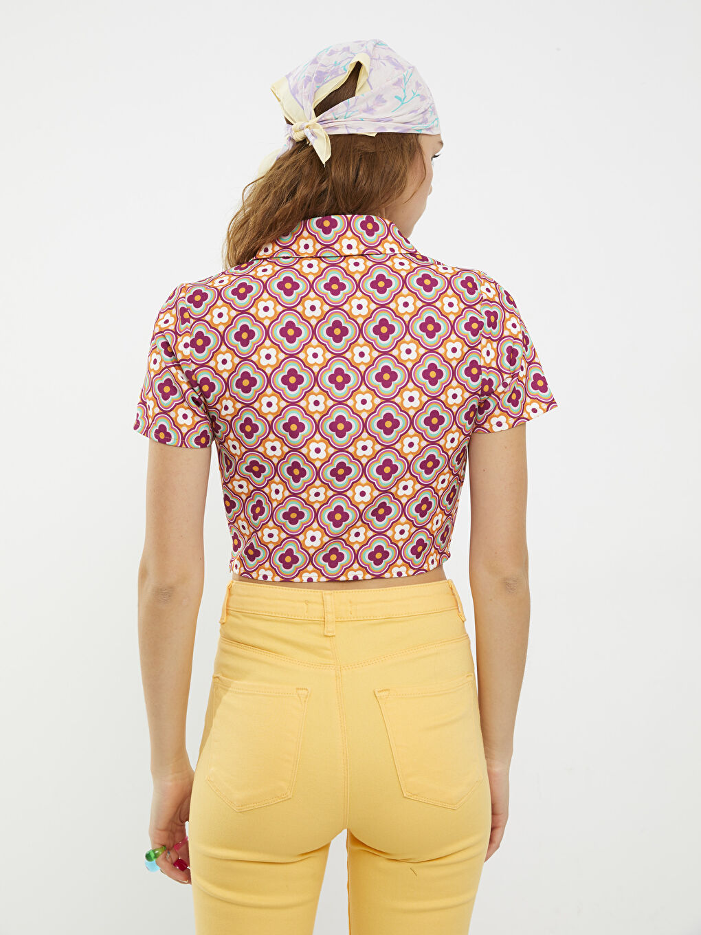 Блузка Женская Креп Укороченная С Принтом, Водолазка, Короткий Рукав-4