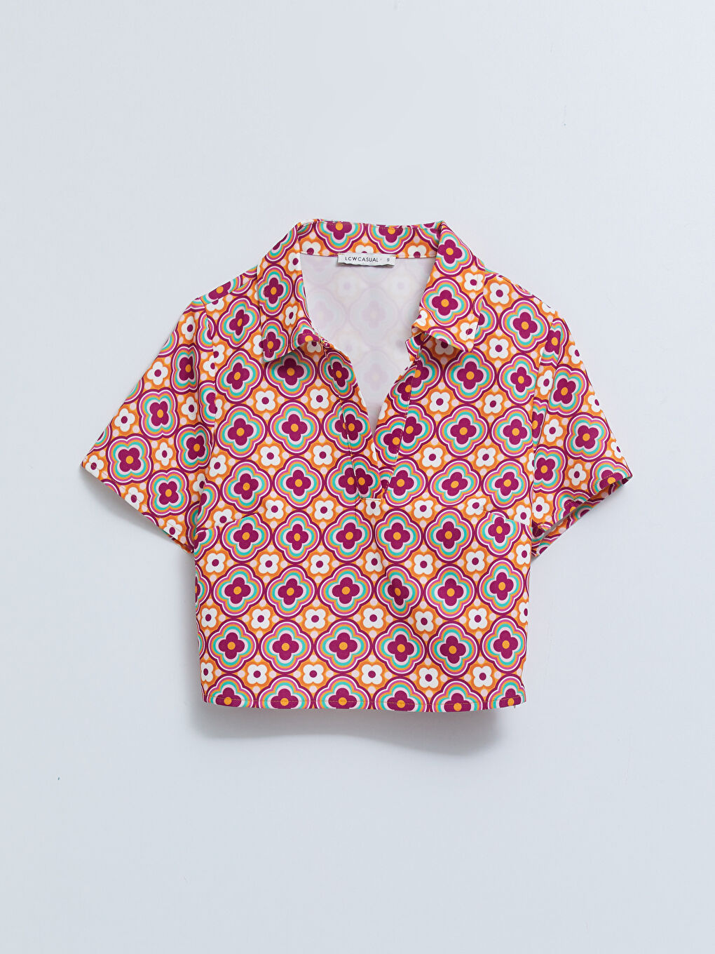 Блузка Женская Креп Укороченная С Принтом, Водолазка, Короткий Рукав-5