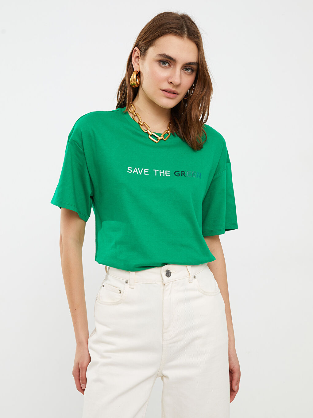 Crew Neck Embroidered Short Sleeve Cotton Women's T-Shirt-1