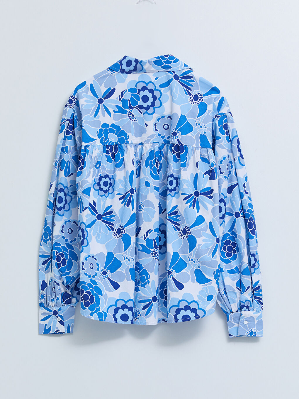 Mavi Önden Düğme Kapamalı Çiçekli Uzun Kollu Poplin Kadın Gömlek-6