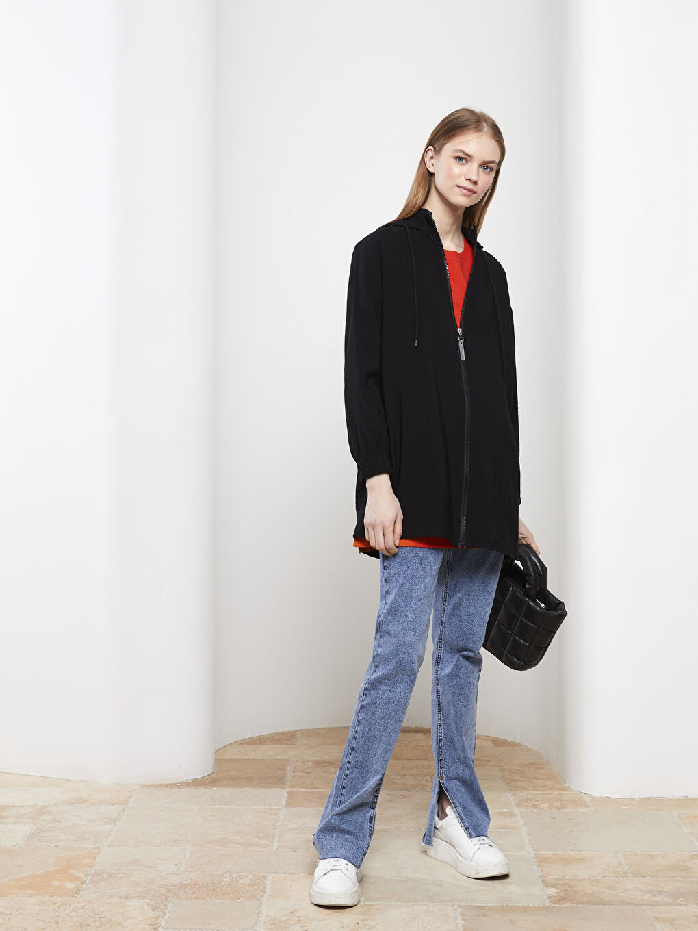 Siyah Kapüşonlu Düz Uzun Kollu Oversize Kadın Tunik