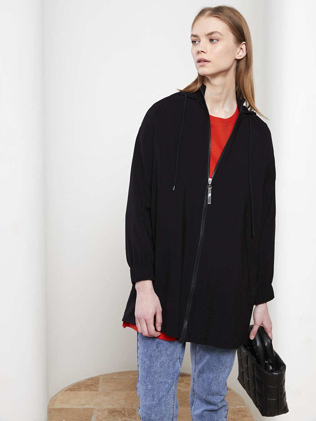 Siyah Kapüşonlu Düz Uzun Kollu Oversize Kadın Tunik-1