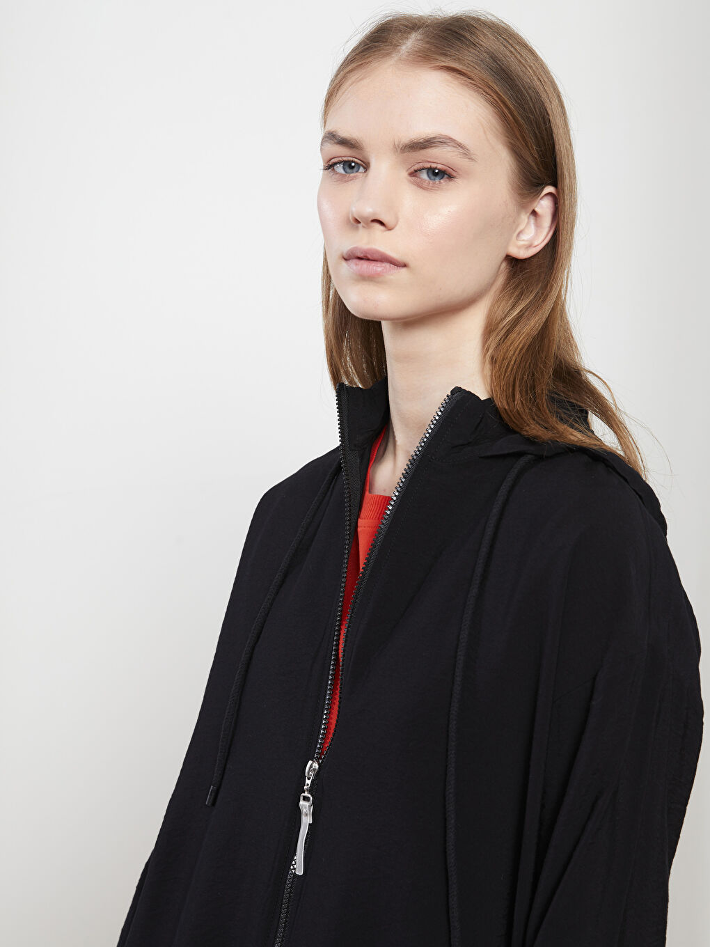 Siyah Kapüşonlu Düz Uzun Kollu Oversize Kadın Tunik-2