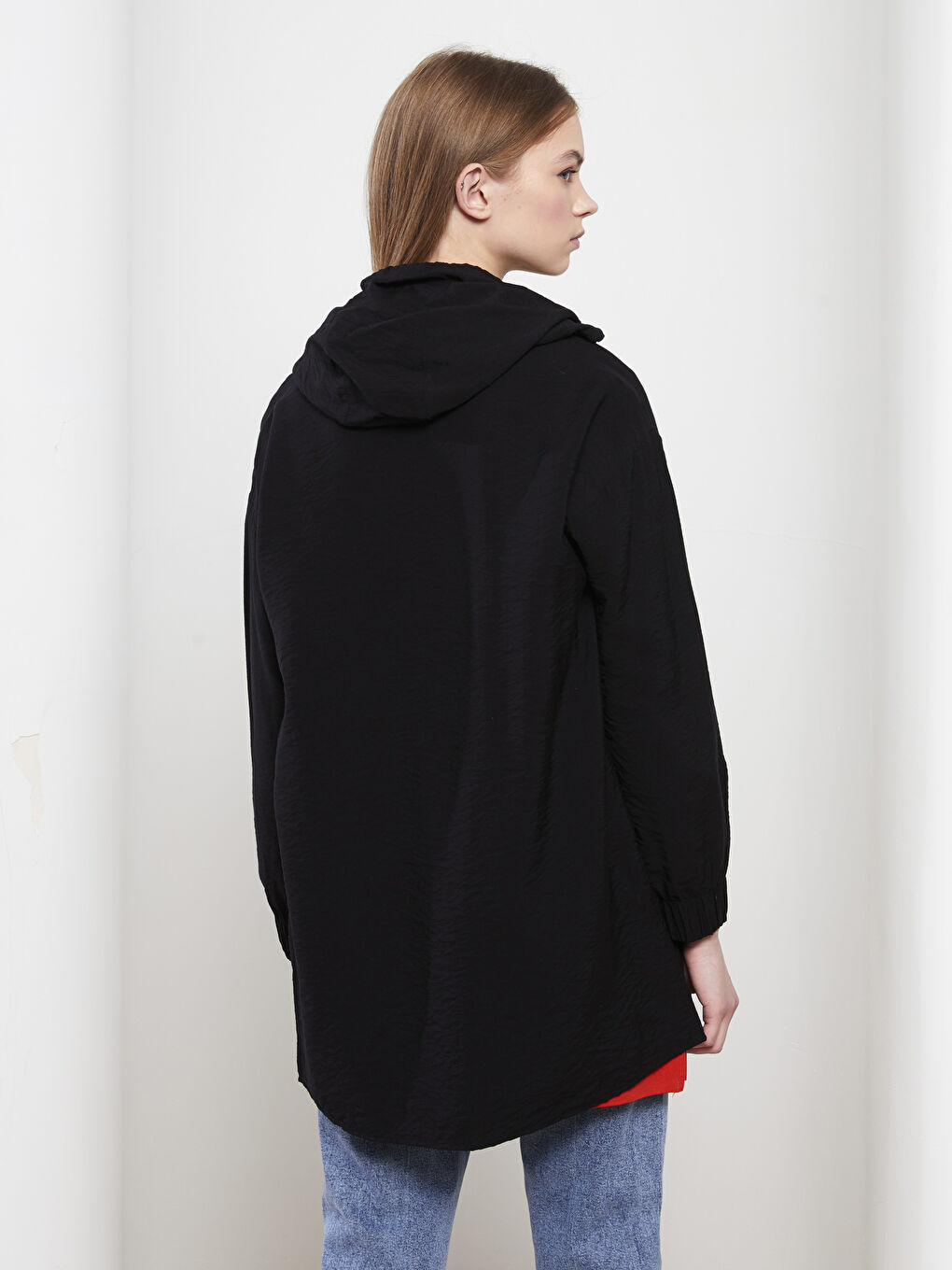 Siyah Kapüşonlu Düz Uzun Kollu Oversize Kadın Tunik-3