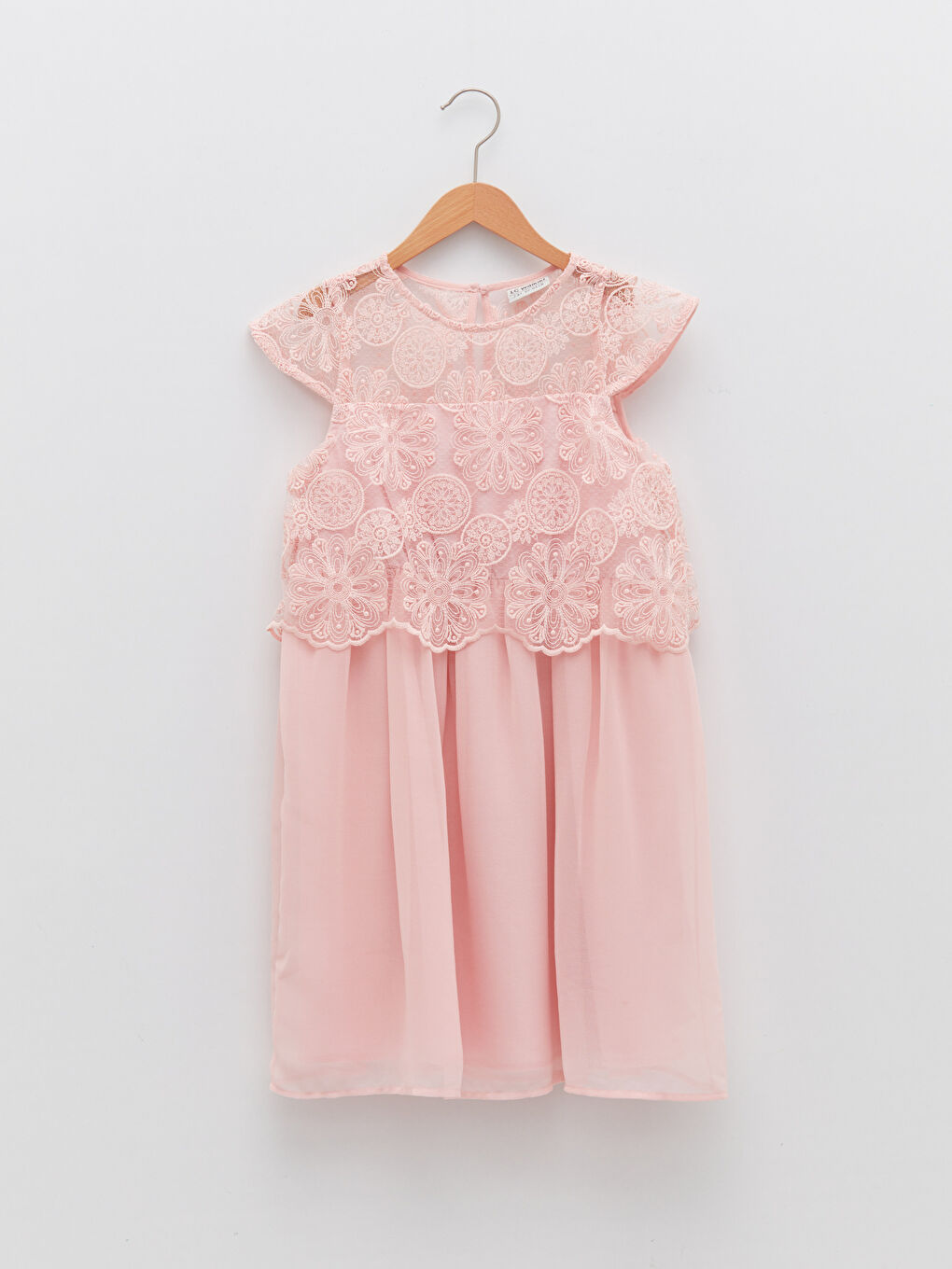 Pembe Bisiklet Yaka Nakış Detaylı Kısa Kollu Kız Çocuk Elbise