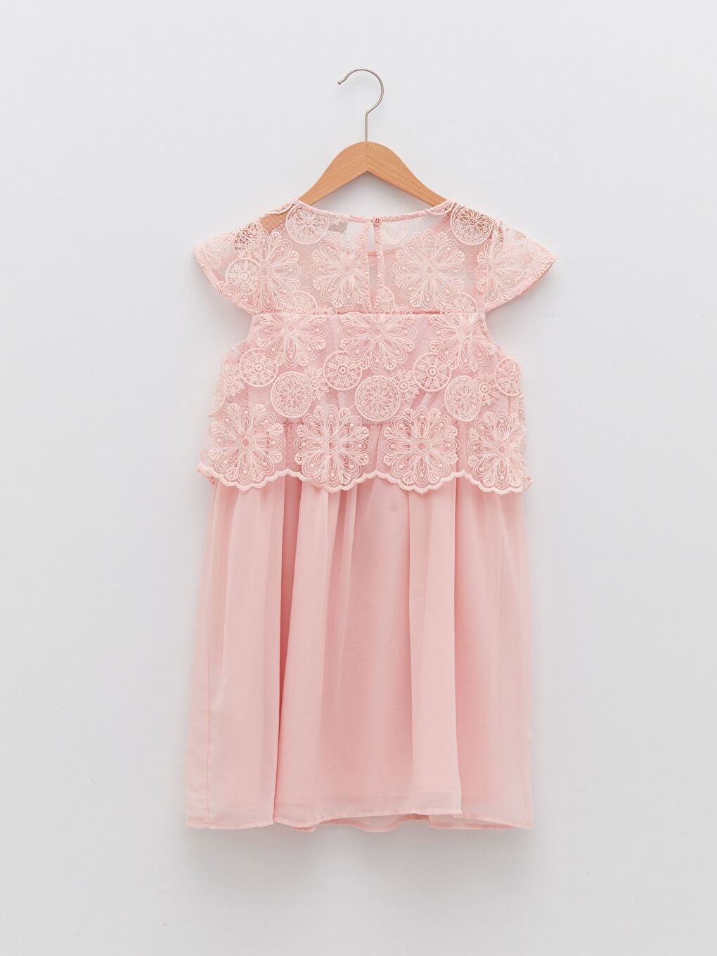 Pembe Bisiklet Yaka Nakış Detaylı Kısa Kollu Kız Çocuk Elbise-1