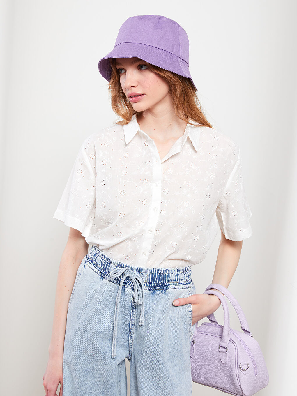 Front Button Closure Embroidered Short Sleeve Poplin Women's Shirt -S2FU61Z8-R9K