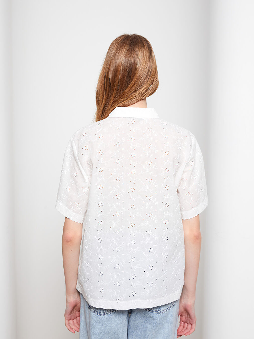Front Button Closure Embroidered Short Sleeve Poplin Women's Shirt -S2FU61Z8-R9K