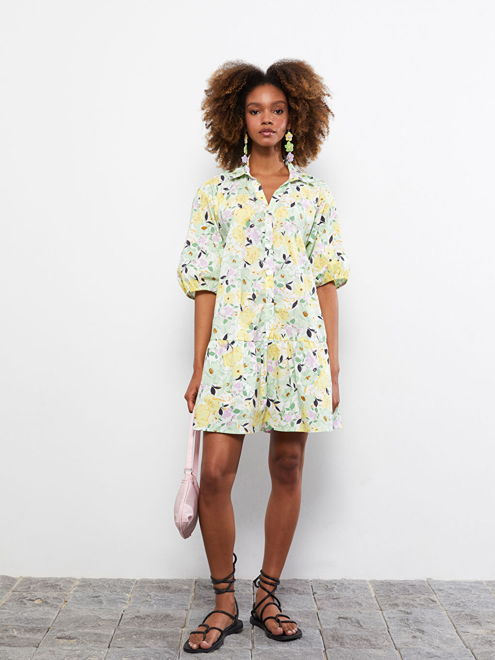 Shirt Collar Floral Short Sleeve Poplin Women's Dress-1