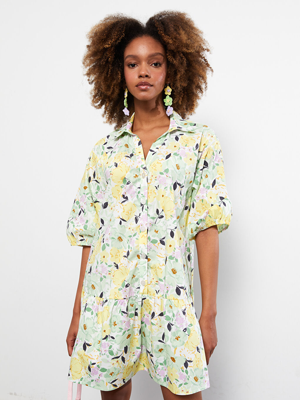 Shirt Collar Floral Short Sleeve Poplin Women's Dress-2