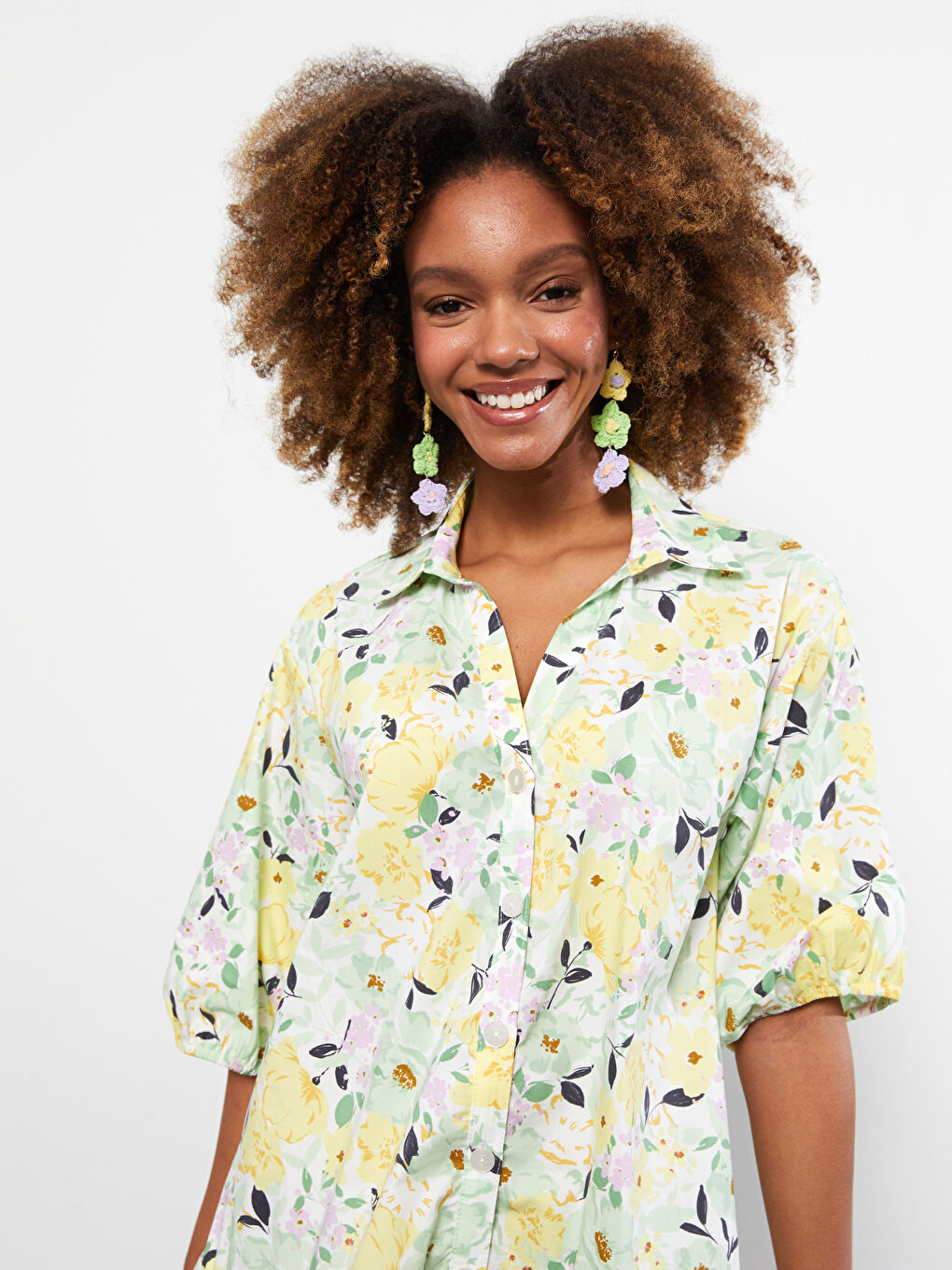 Shirt Collar Floral Short Sleeve Poplin Women's Dress-3