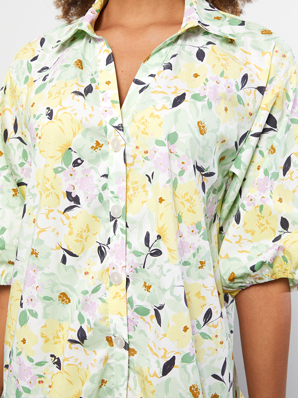 Shirt Collar Floral Short Sleeve Poplin Women's Dress-4