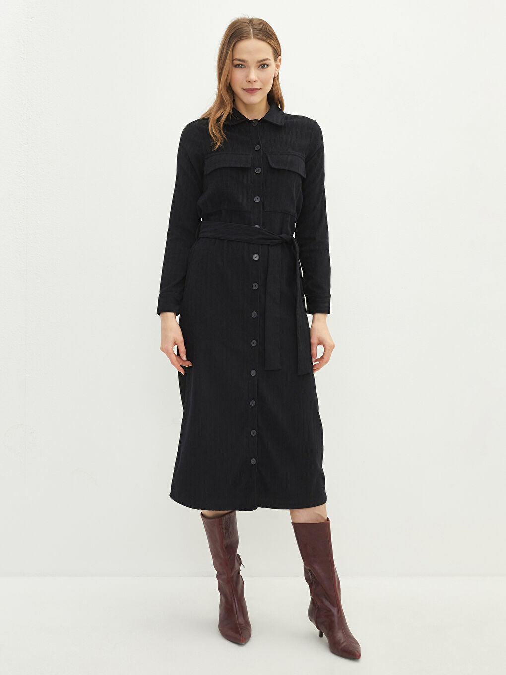 Front Button Closure Straight Long Sleeve Women's Shirt Shirt Dress -S2FV03Z8-RQL