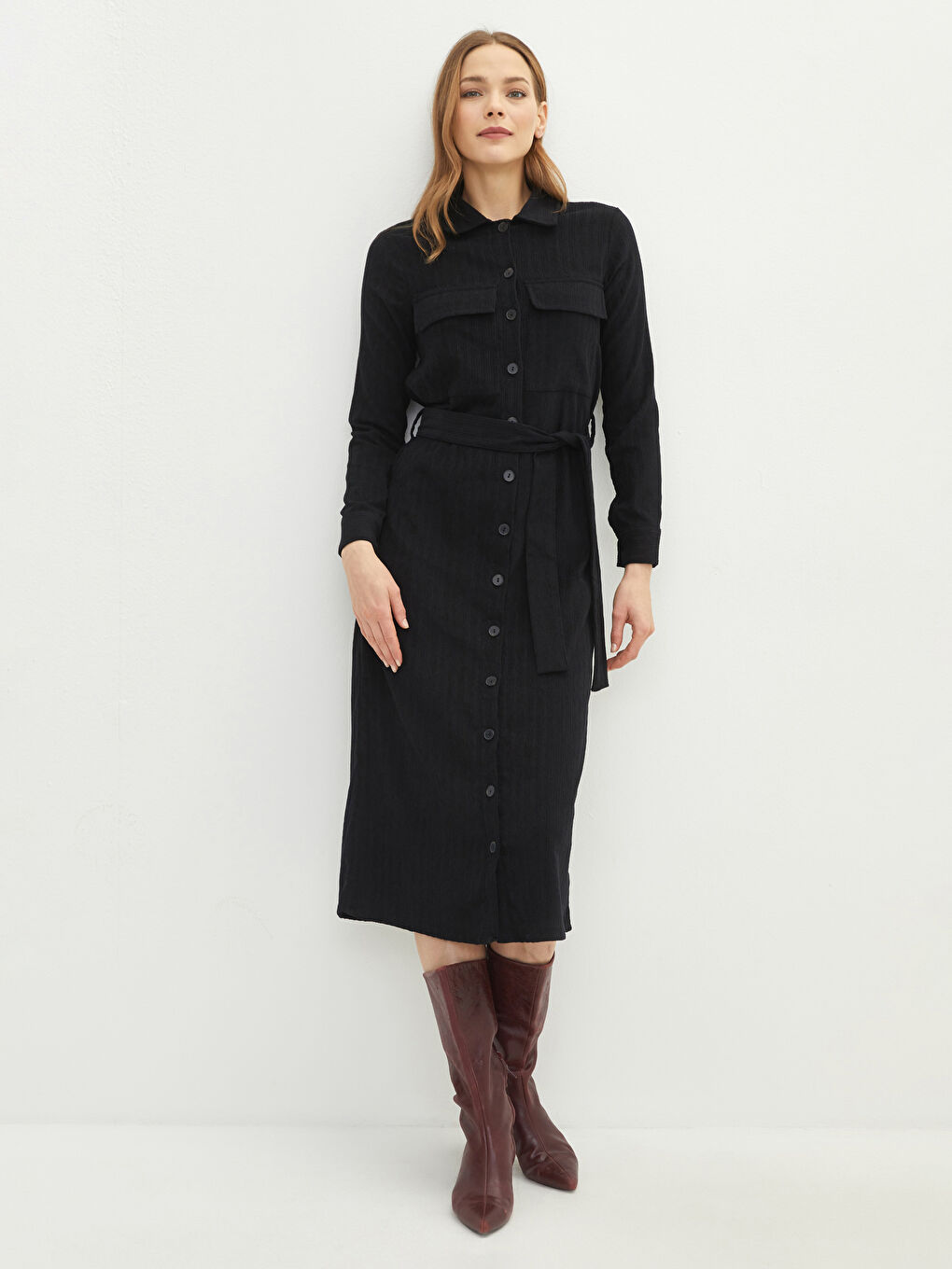 Front Button Closure Straight Long Sleeve Women's Shirt Shirt Dress -S2FV03Z8-RQL