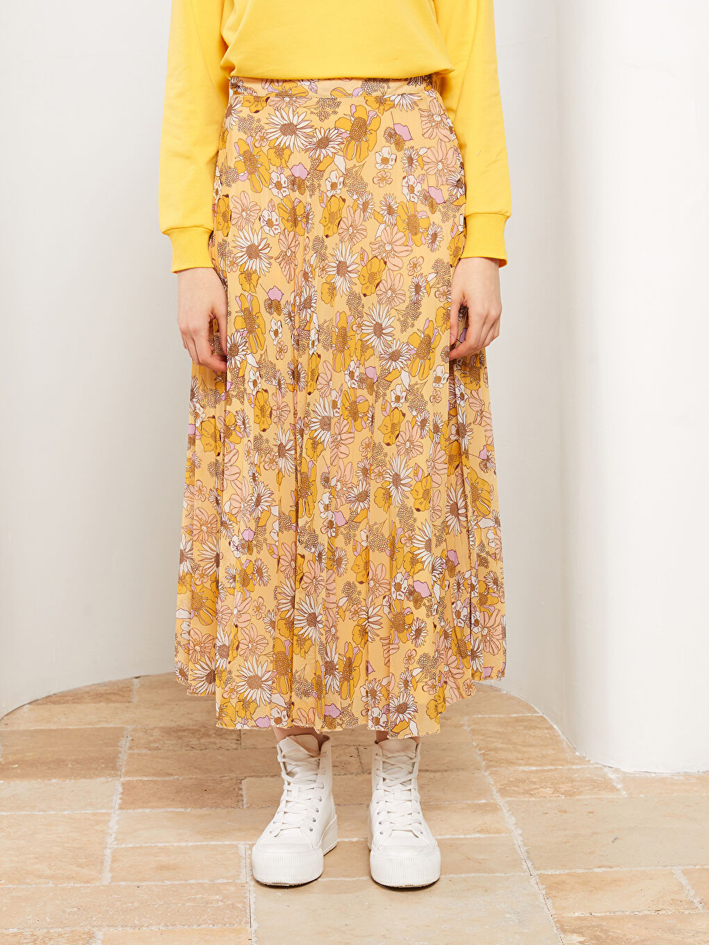 ყვავილოვანი შიფონის ქალებისთვის პლისირებული ქვედაბოლო ელვაშესაკრავით წელზე-3