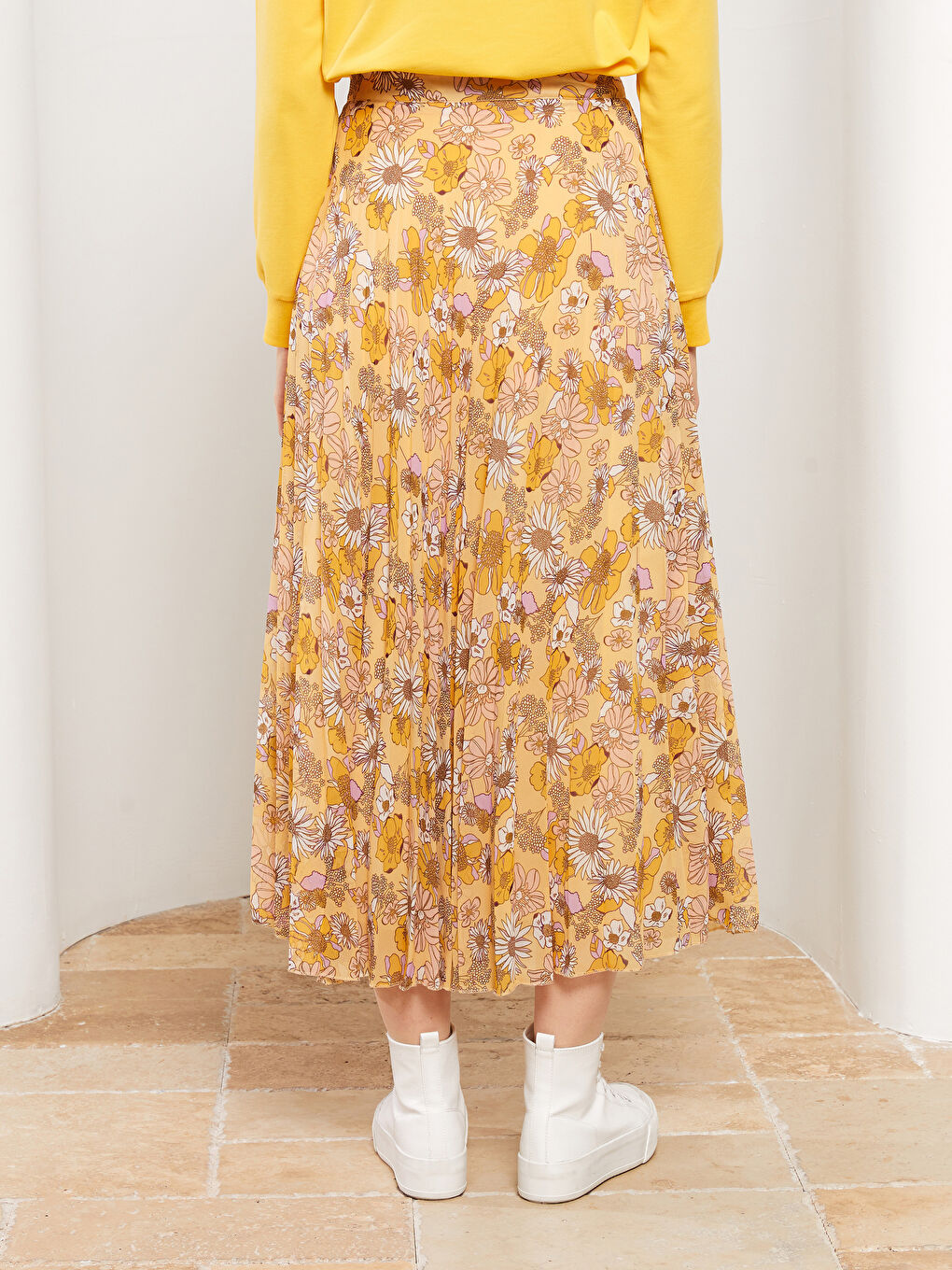 ყვავილოვანი შიფონის ქალებისთვის პლისირებული ქვედაბოლო ელვაშესაკრავით წელზე-4