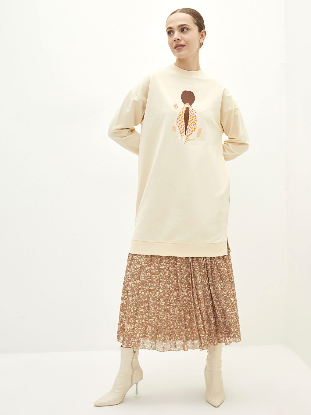 Kahverengi Beli Fermuarlı Puantiyeli Şifon Kadın Pileli Etek-2