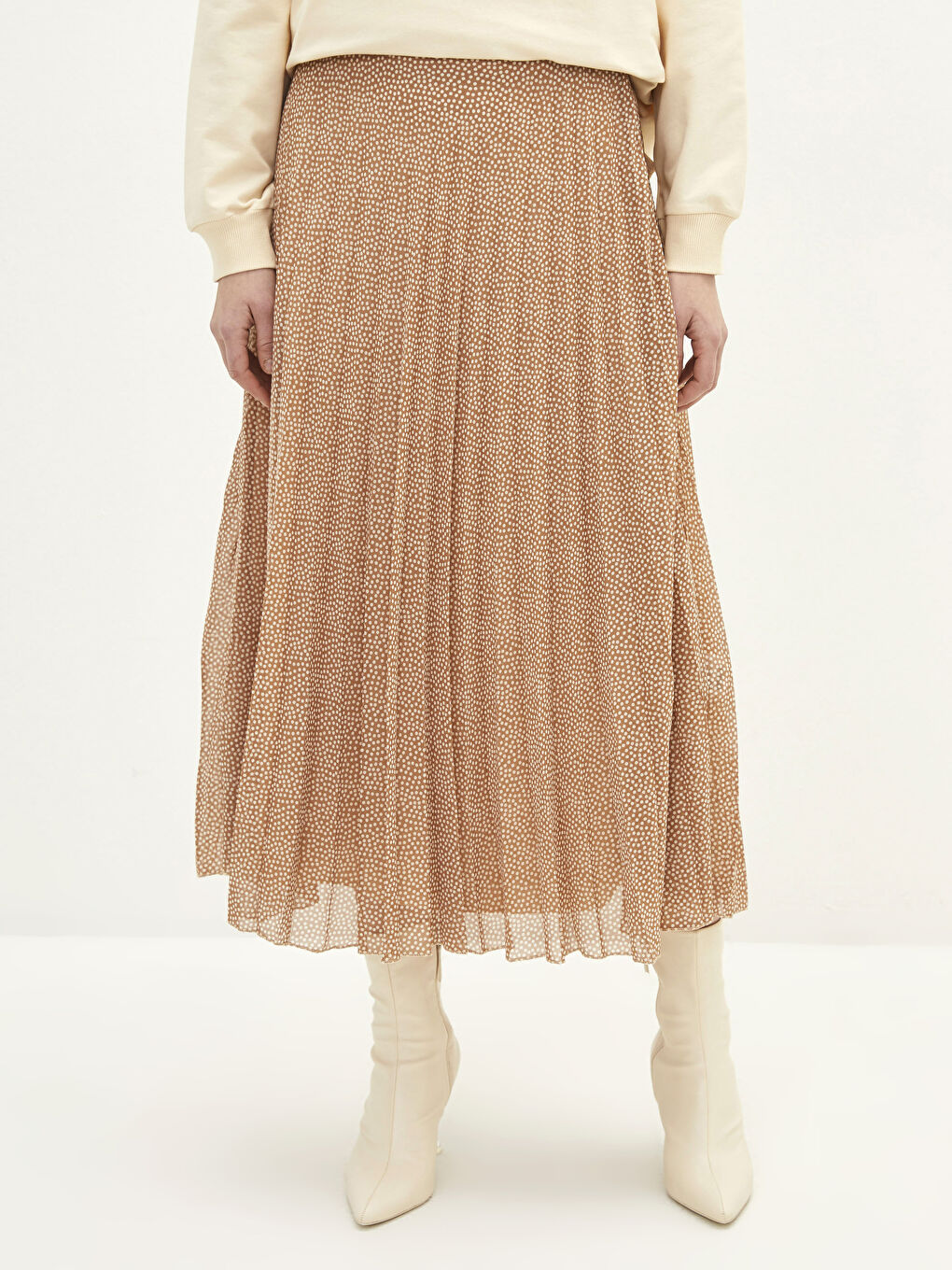 Kahverengi Beli Fermuarlı Puantiyeli Şifon Kadın Pileli Etek-3