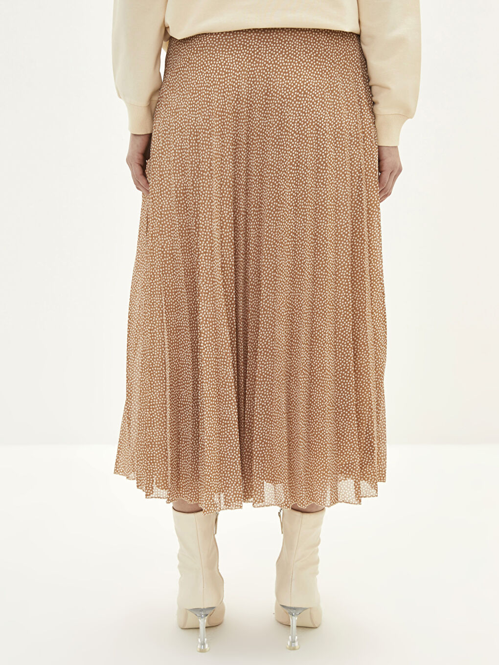 Kahverengi Beli Fermuarlı Puantiyeli Şifon Kadın Pileli Etek-5