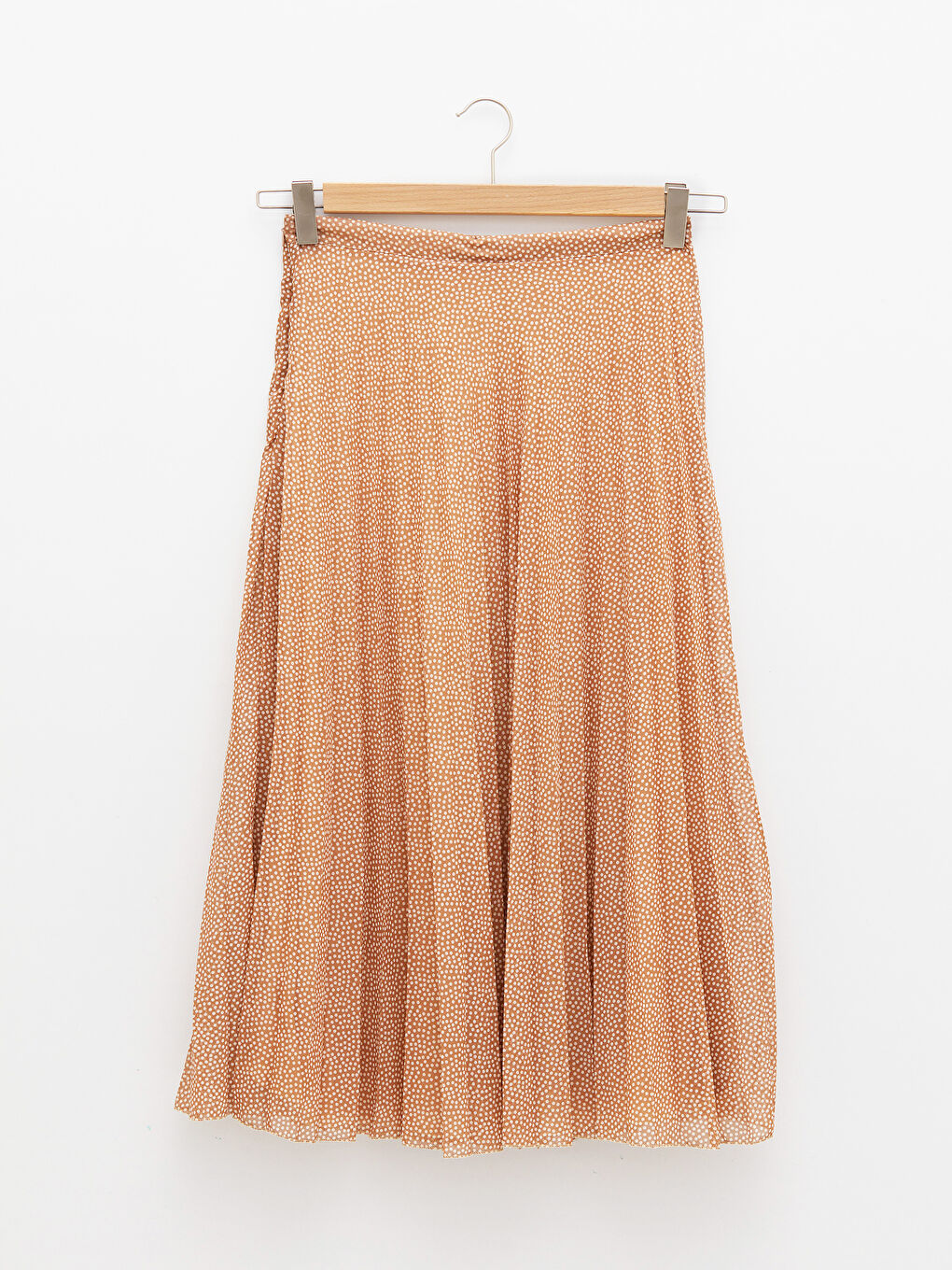 Kahverengi Beli Fermuarlı Puantiyeli Şifon Kadın Pileli Etek-7