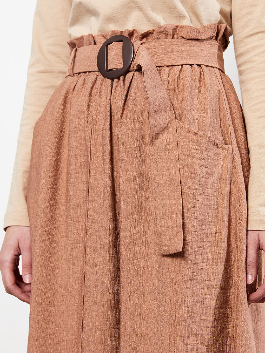 Bej Beli Lastikli Düz Kemer Detaylı A Kesim Kadın Etek-3