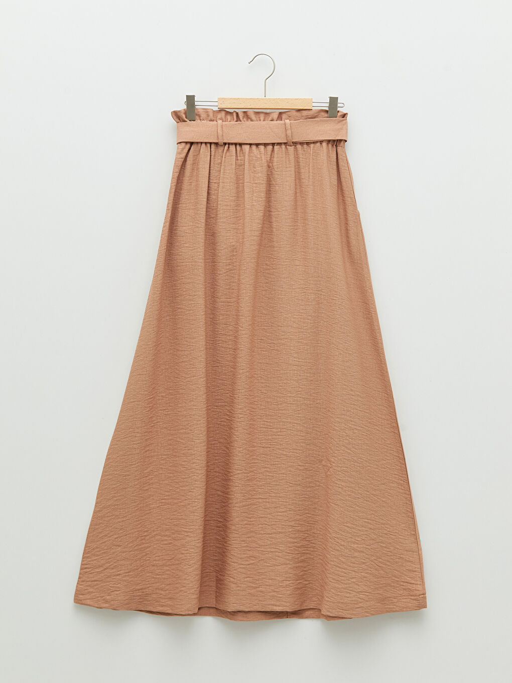 Bej Beli Lastikli Düz Kemer Detaylı A Kesim Kadın Etek-6