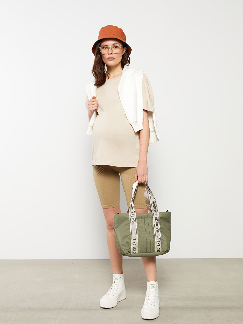 Yeşil Beli Lastikli Düz Hamile Biker Tayt-2