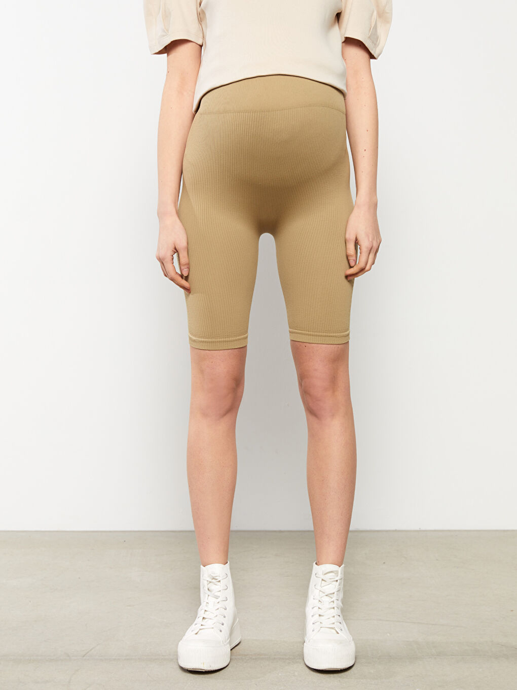 Yeşil Beli Lastikli Düz Hamile Biker Tayt-3